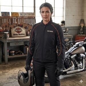 Harley-Davidson Womens XL Black Orange Piping Mesh Riding Jacket Motorclothes